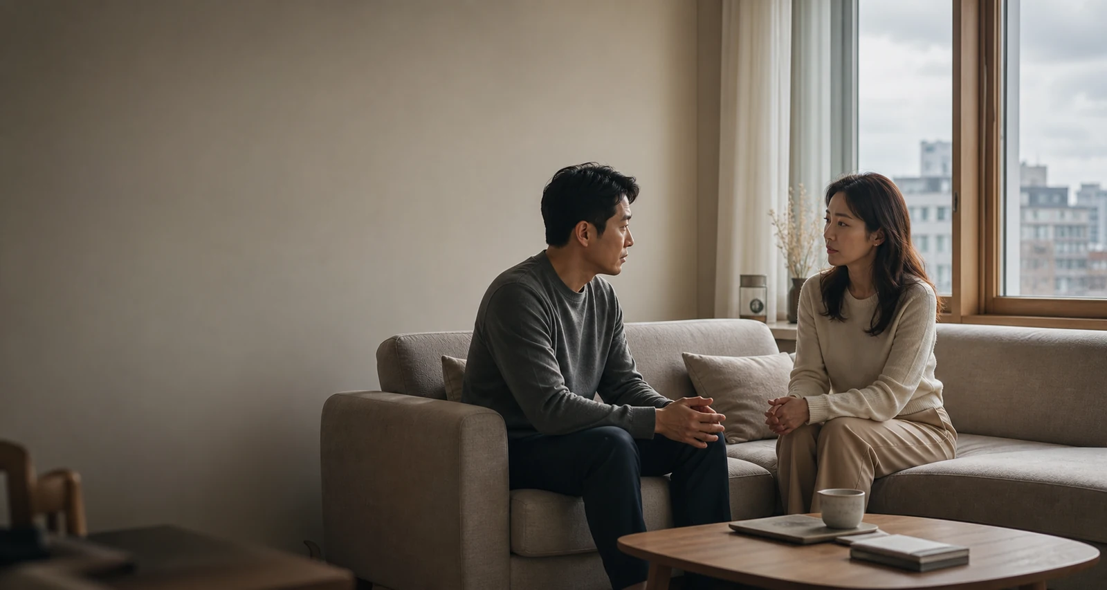 따뜻한 자연광이 드는 거실 창가에서 차분하게 대화하는 두 사람